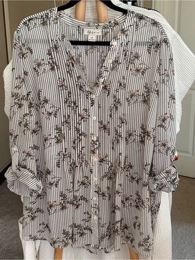 Style & Co. White and Olive Striped Floral Button-Down Shirt 3X